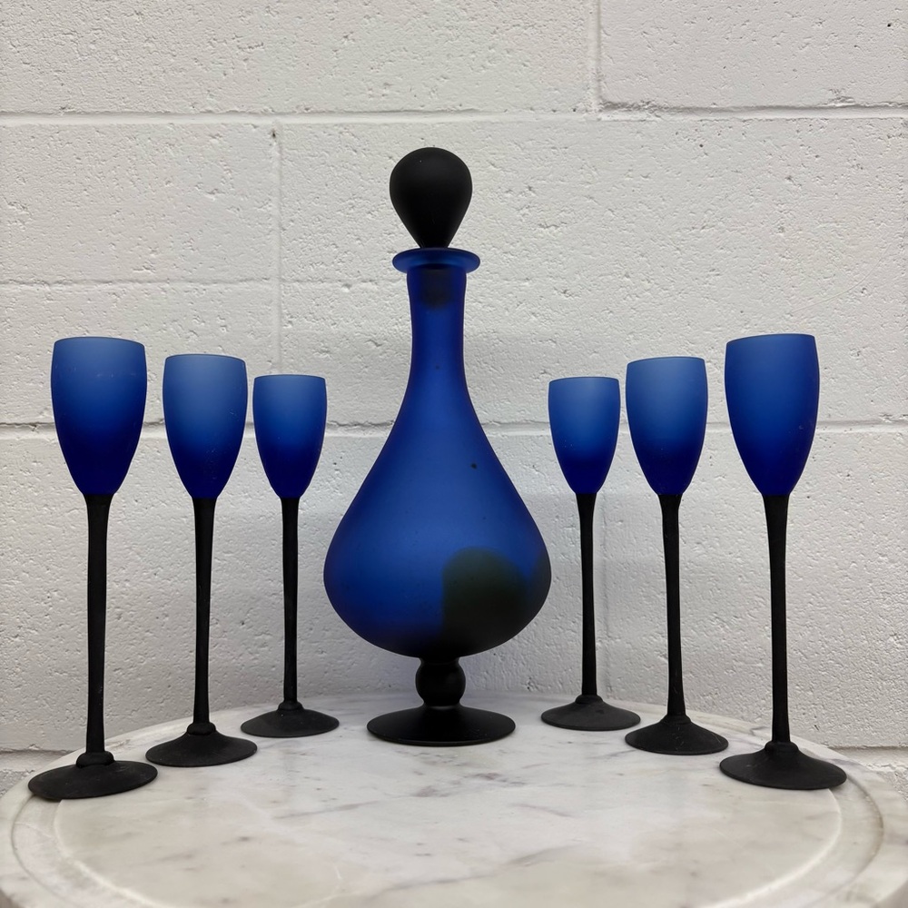 Satin Cobalt Glass Decanter and Stemware Shot Glasses Set